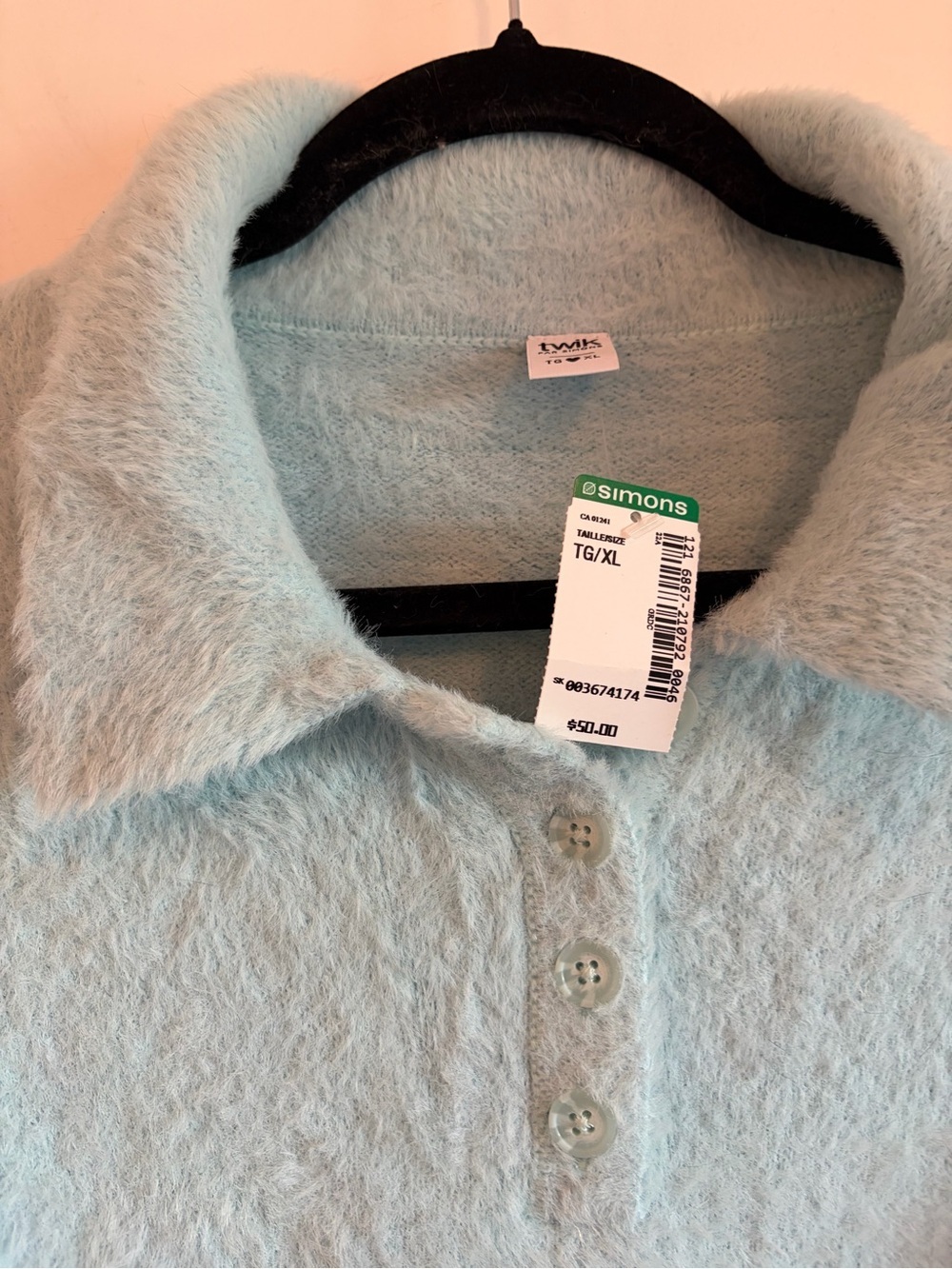 Simons Light Blue Fuzzy Polo Sweater with Teal Hem - Picture 4 of 6